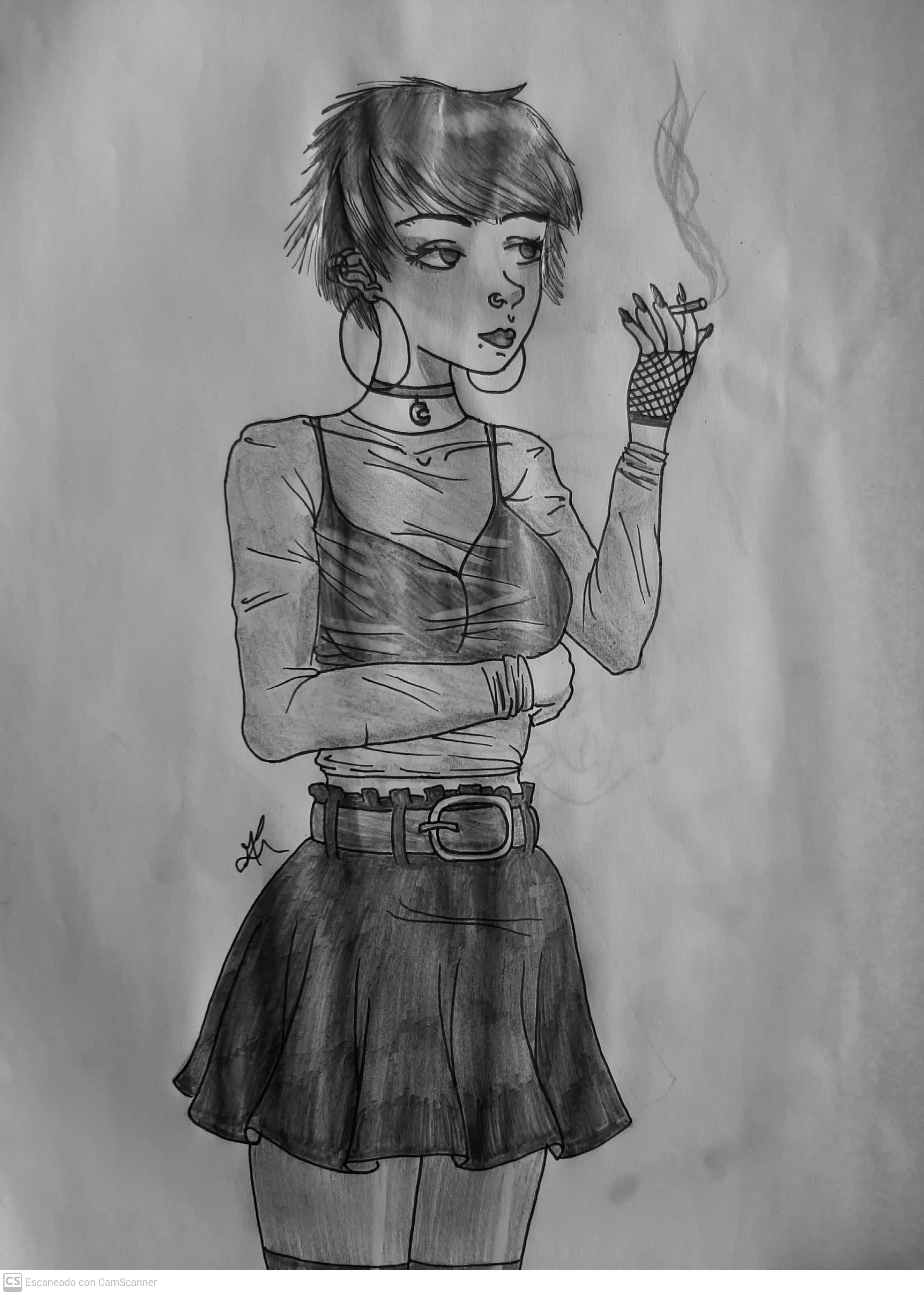 Dibujo tradicional de una chica fumando un cigarrillo